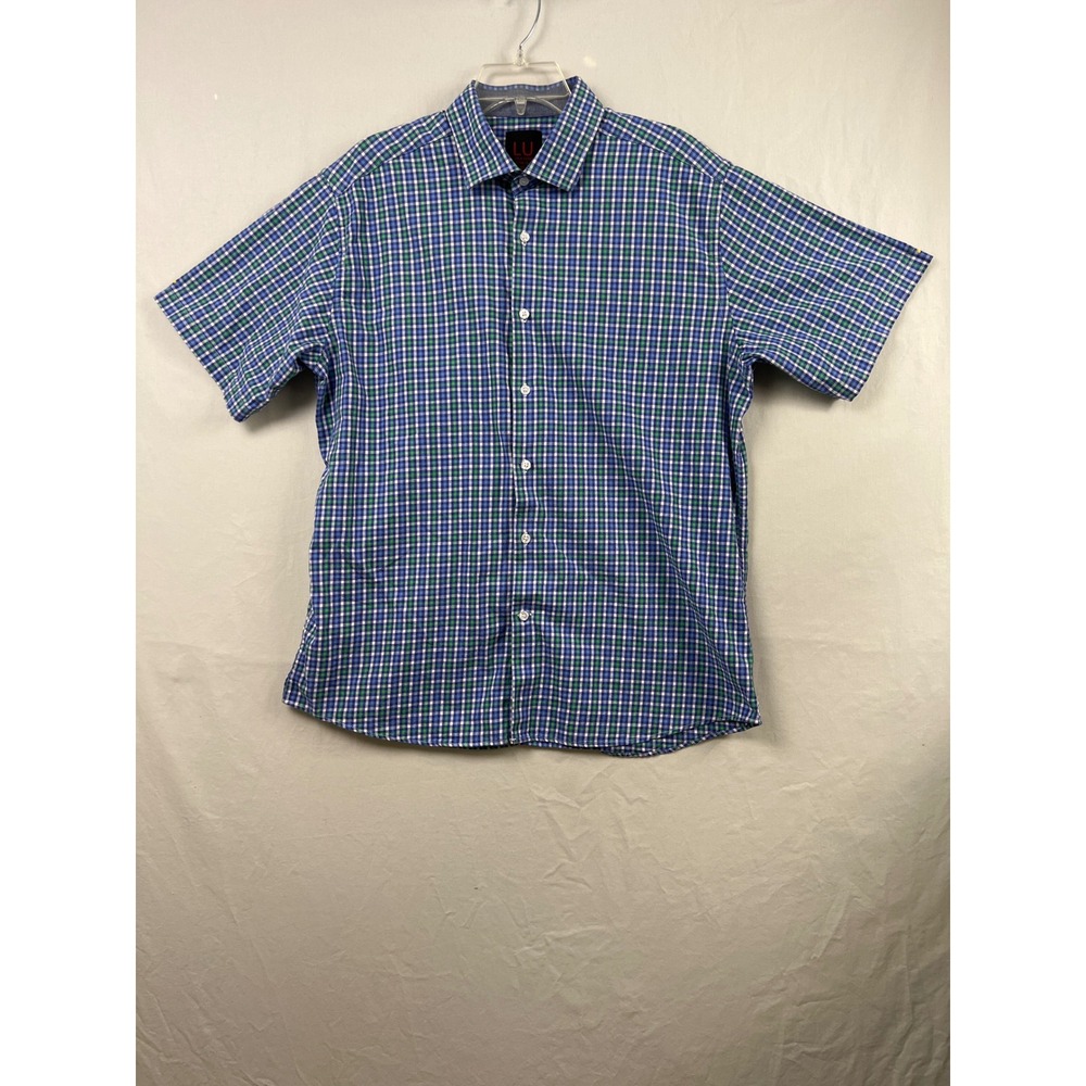 Linea Uomo Button Down Shirt Mens XL Blue Green Plaid Short Sleeve Stretch LU